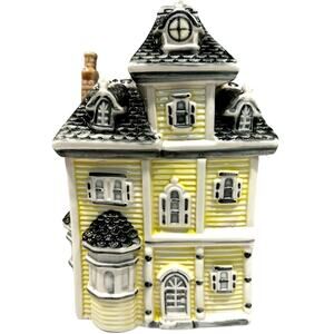 Quaint Collectible Ceramic Glazed Yellow Victorian House Cookie Jar Canister